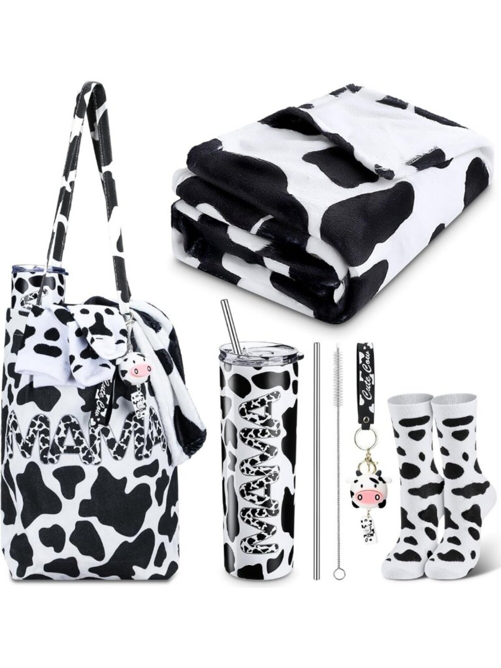 Cow-Themed Gift Set for Women - 5 Pcs Tumbler, Blanket, and Bag - Perfect for